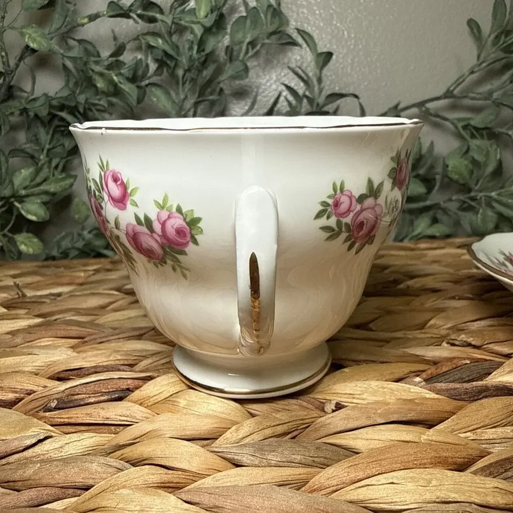 Royal Vale Bone China Teacup Saucer Pink Roses Gold England Floral Vintage